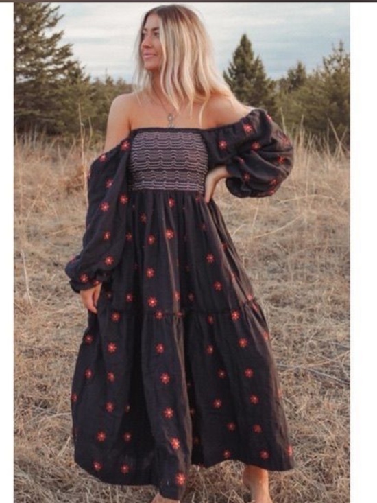 Free People Dresses & Skirts - Free People Dahlia Boho Off-Shoulder Black Maxi Dress with Red Floral Embroidery